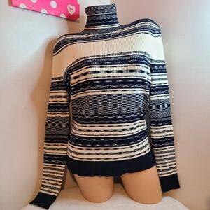NWOT Tory Burch Julie Blue Cream Striped Turtleneck Ski Sweater Size Lg
